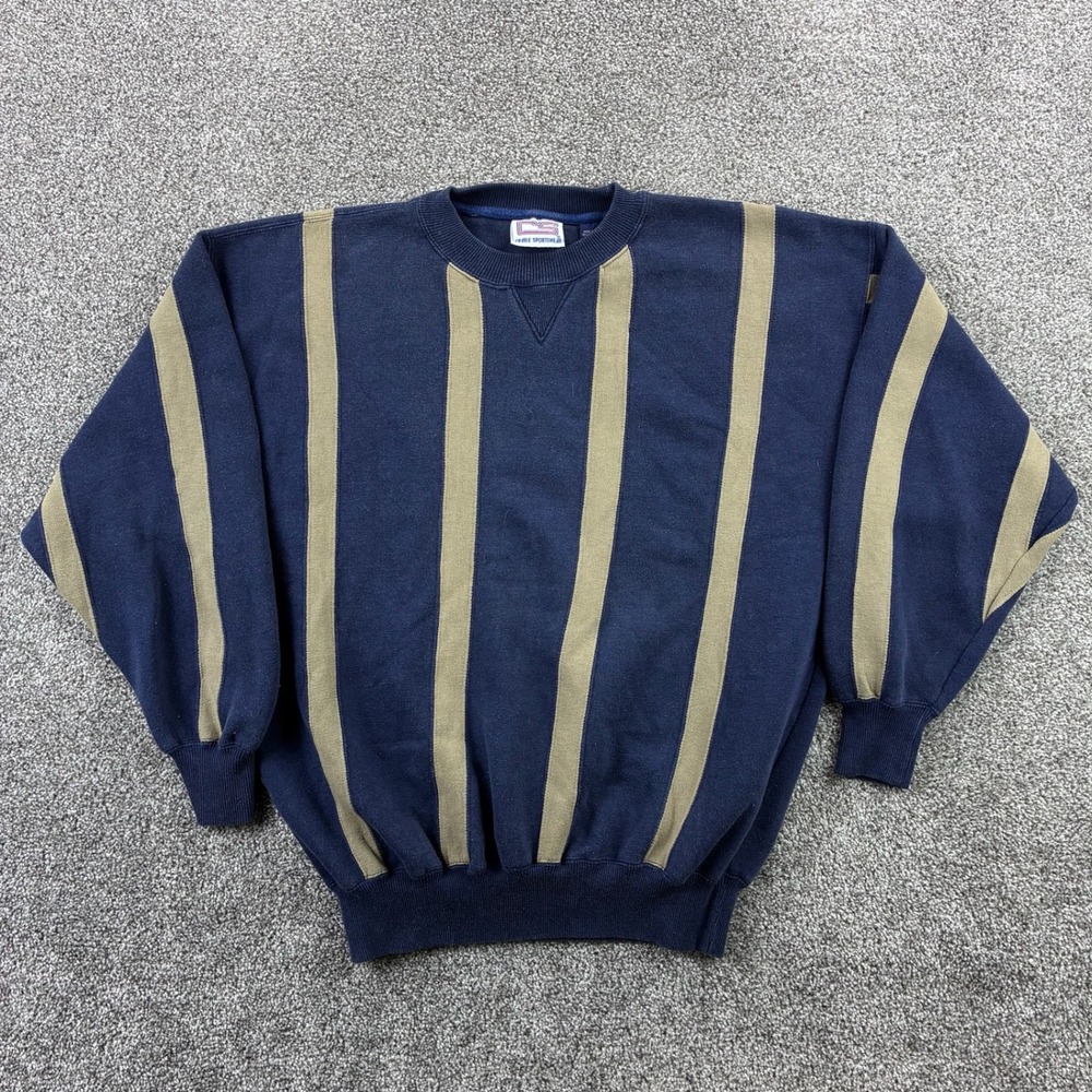Vintage Crable Sportswear Sweatshirt Mens Large Navy Blue Striped Crewneck